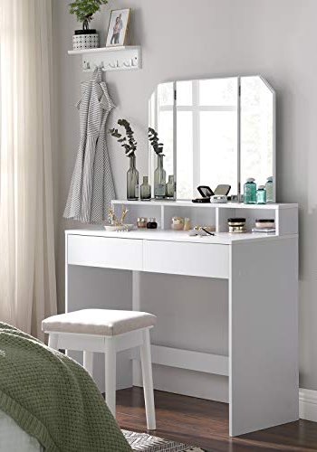 VASAGLE makeupbord, m. trefoldsspejl, 2 skuffer, 3 bne rum - spejlglas, hvid melaminfinér (100x40)