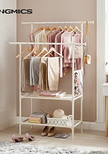 SONGMICS tjstativ, m. 2 bjlestnger og 2 hylder - hvid stof og jern