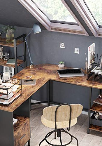 VASAGLE hjrneskrivebord, m. hngemappeskab, 2 hylder - brun spnplade og sort stl (137x151)