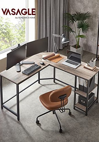 VASAGLE L-formet hjrneskrivebord, m. 2 hylder - greige spnplade og sort stl