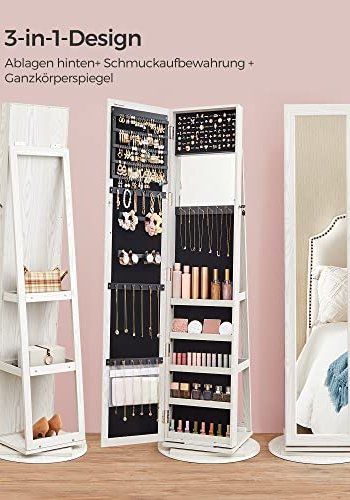 SONGMICS smykkeskab, 360° drejelig, m. spejl, hylder, 3-i-1 lsbar - hvid med grlig trkorn MDF