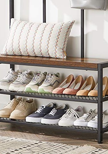 VASAGLE entréopstilling, m. 8 dobbelte knager, 1 sde og 2 mesh-hylder - brun spnplade og sort stl