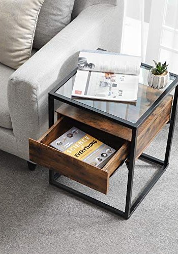 VASAGLE sidebord, m. hylde og skuffe - klar glas, rustik brun spnplade og sort jern (43x43)