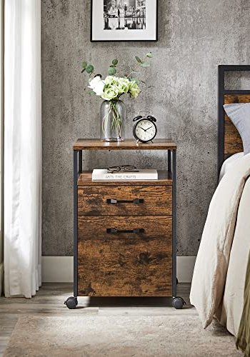 VASAGLE arkivskab, m. 2 skuffer, 1 bent rum og hjul - rustik brun spnplade og sort stl