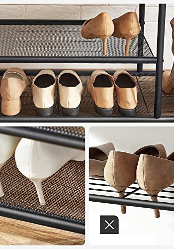 VASAGLE entréopstilling, m. 9 aftagelige knager, 1 sde, 3 hylder - brun spnplade og sort stl