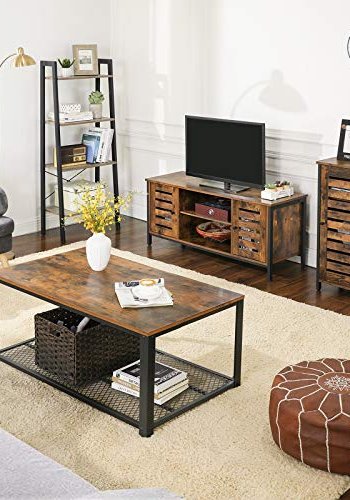 VASAGLE TV-bord, m. 2 lamellger og 1 hylde - rustik brun spnplade og sort stl (110x40)