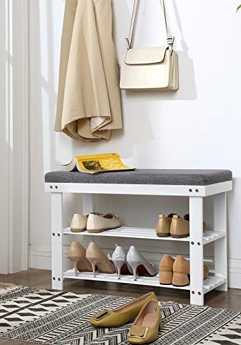 SONGMICS entrébnk, m. gr hynde og 2 hylder til sko - hvid bambus (71x29)