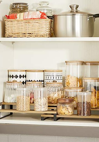 SONGMICS krydderihylde, 3-lags udtrksbar, stabelbar - natur bambus og sort stl (st med 2)