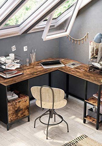 VASAGLE hjrneskrivebord, m. hngemappeskab, 2 hylder - brun spnplade og sort stl (137x151)