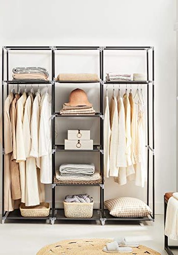 SONGMICS garderobeskab, sammenfoldelig, m. 2 bjlestnger og hylder - sort lrred og stl