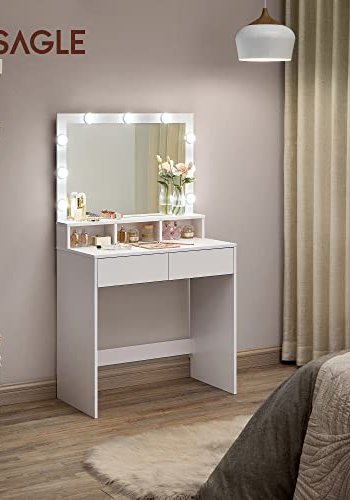 VASAGLE makeupbord, m. spejl, 9 LED-prer, 2 skuffer, 3 rum - spejlglas og hvid melamin (80x40)