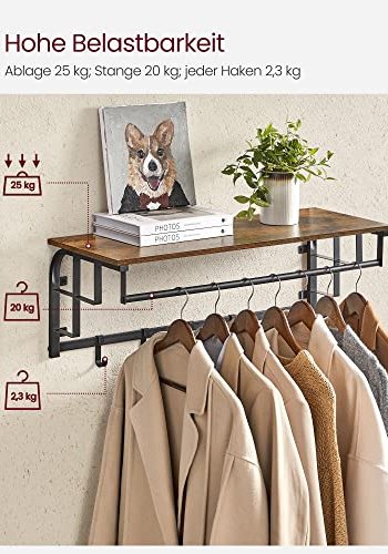 VASAGLE hattehylde, m. bjlestang og 5 aftagelige kroge - rustik brun spnplade og sort stl