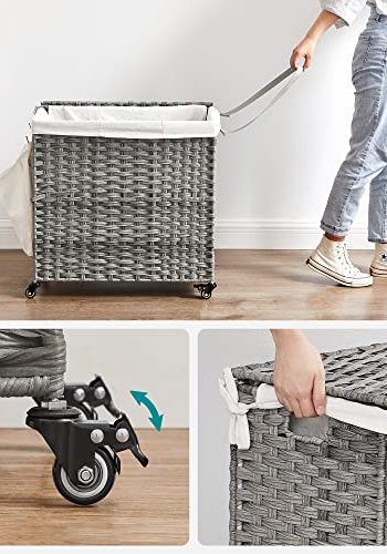 SONGMICS vasketjskurv, m. 3 rum, aftagelig foring, hndtag, lg, hjul - bomuld og gr polypropylen