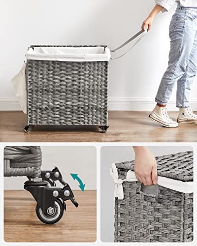 SONGMICS vasketjskurv, m. 3 rum, aftagelig foring, hndtag, lg, hjul - bomuld og gr polypropylen