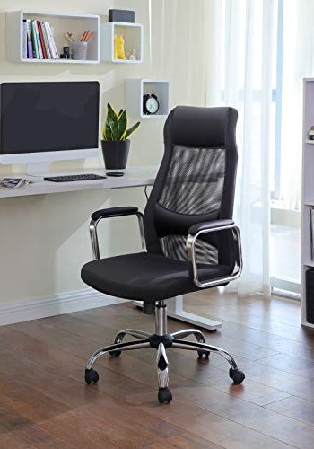 SONGMICS kontorstol, hjdejusterbar, hoved- og lndesttte, armln, hjul - sort mesh og kunstlder