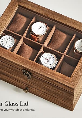SONGMICS smykkeskrin, 2 lag, 8 pladser til ure m. urpuder, glaslg, fljlsfor - valnddefarvet tr
