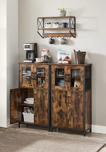 VASAGLE skab, m. 2 glaslger, 2 trlger, hylder, gitterdesign - rustik brun spnplade og sort stl