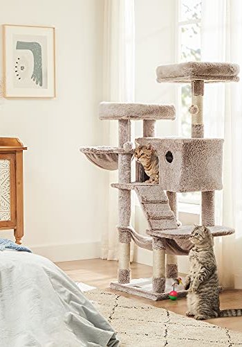 FEANDREA kradsetr, 6 niveauer, 2 platforme, 1 hule, 2 pomponer, 1 hngekje, 1 stol - lysebrun plys