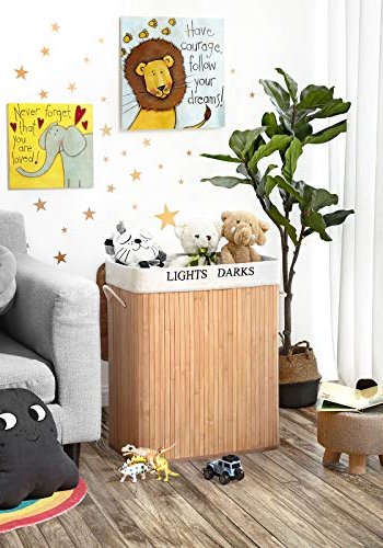 SONGMICS vasketjskurv, foldbar, m. 1 lg, 2 rum, aftagelig vaskepose - bomuld og natur bambus