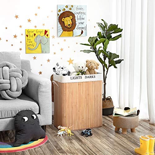 SONGMICS vasketjskurv, foldbar, m. 1 lg, 2 rum, aftagelig vaskepose - bomuld og natur bambus