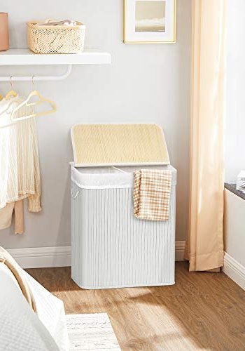 SONGMICS opdelt vasketjskurv, m. lg, 2 sektioner, aftagelig for, hndtag - hvid bomuld og bambus