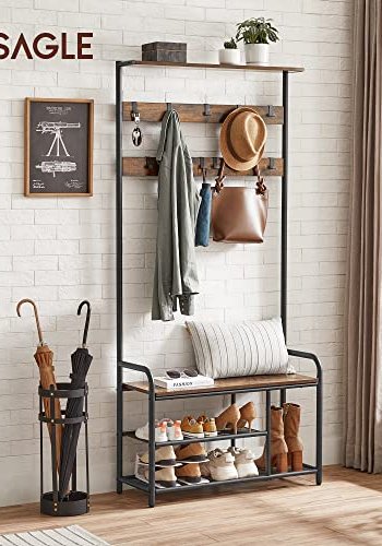 VASAGLE entréopstilling, m. 9 aftagelige knager, 1 sde, 3 hylder - brun spnplade og sort stl