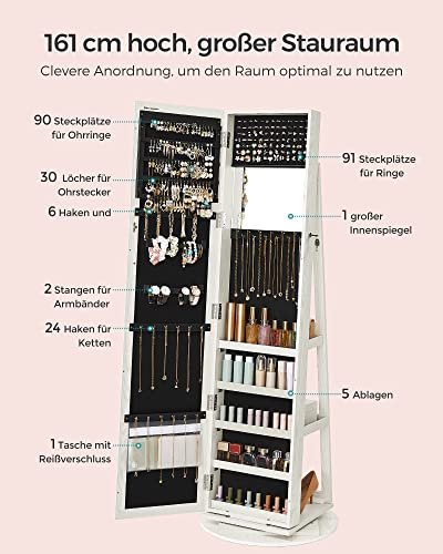 SONGMICS smykkeskab, 360° drejelig, m. spejl, hylder, 3-i-1 lsbar - hvid med grlig trkorn MDF