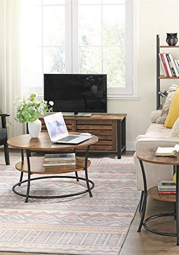 VASAGLE sofabord, m. 1 hylde, rund - rustik brun spnplade og sort jern (80)