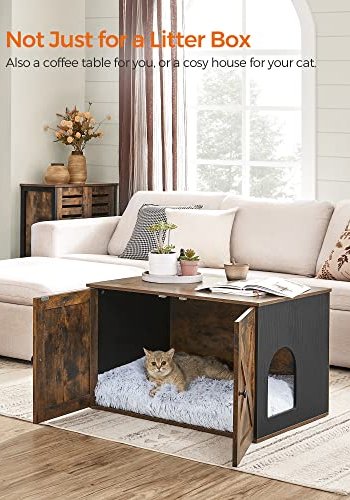 FEANDREA skab til kattebakke, m. 2 lger og 2 rum - rustik brun og sort spnplade