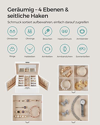 SONGMICS smykkeskrin, 4 niveauer, aflselig smykkeopbevaringsboks med bakker, fljlsforing - hvid 