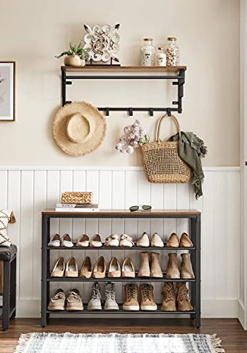 VASAGLE skohylde, m. 3 mesh-hylder - brun spnplade og sort stl