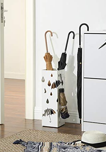 SONGMICS paraplyholder, kvadratisk, m. 4 kroge og drypbakke - hvid metal