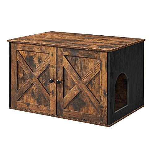 FEANDREA skab til kattebakke, m. 2 lger og 2 rum - rustik brun og sort spnplade