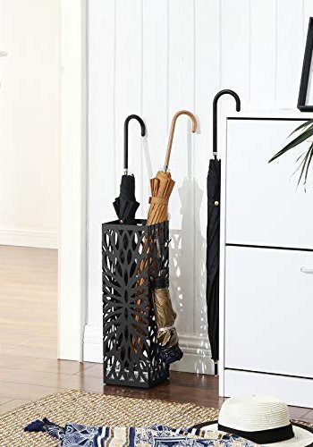 SONGMICS paraplyholder, kvadratisk, m. 4 kroge og aftagelig drypbakke - sort metal