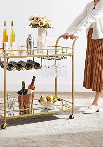 VASAGLE rullebord, m. 1 hylde, holder til glas og flasker - spejlglas og guld stl (80x38)