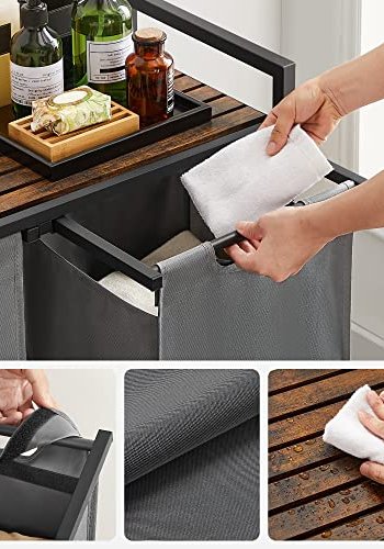 VASAGLE vasketjskurv, m. 2 rum - brun MDF og gr stof/stl