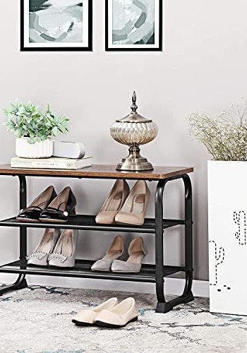 VASAGLE entrébnk, m. 2 mesh-hylder til sko - rustik brun spnplade og sort stl (66x30)