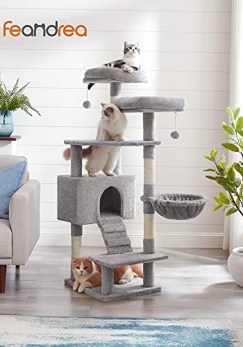 FEANDREA kradsetr, 6 niveauer, 2 platforme, 1 kurv, 1 hule, 2 pomponer - lysegr plys