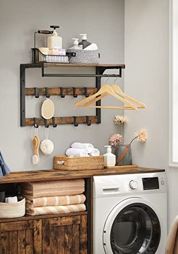 VASAGLE hattehylde, m. 10 knager og 1 bjlestang - brun spnplade og sort stl