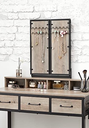 VASAGLE makeupbord, trefoldsspejl, 3 skuffer, 4 rum, taburet - greige spnplade, sort stl (90x40)