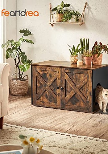 FEANDREA skab til kattebakke, m. 2 lger og 2 rum - rustik brun og sort spnplade