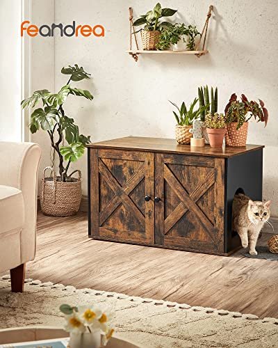 FEANDREA skab til kattebakke, m. 2 lger og 2 rum - rustik brun og sort spnplade