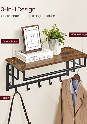 VASAGLE hattehylde, m. 5 knager og 1 bjlestang - brun spnplade og sort stl