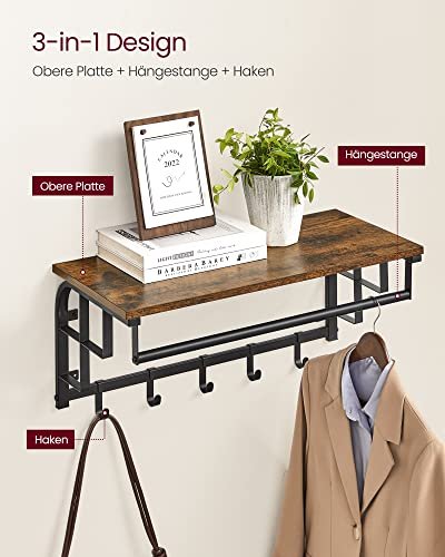 VASAGLE hattehylde, m. 5 knager og 1 bjlestang - brun spnplade og sort stl