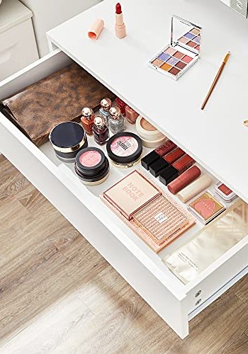 VASAGLE makeupbord, m. spejl, 1 skuffe og 2 hylder - spejlglas og hvid spnplade (70x40)