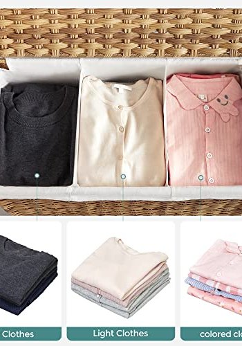 SONGMICS Vasketjskurv, m. 3 rum, aftagelig foring, hndtag, lg - hvid bomuld og natur polypropylen