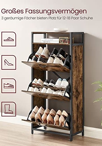 VASAGLE skoskab, m. 3 klaplger, og 1 rum - brun spnplade og sort stl