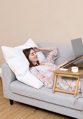 SONGMICS Laptop sengebord, foldbar, hjdejusterbar, 5 vippevinkler, lufthuller, skuffe - bambus