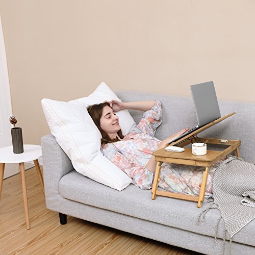 SONGMICS Laptop sengebord, foldbar, hjdejusterbar, 5 vippevinkler, lufthuller, skuffe - bambus