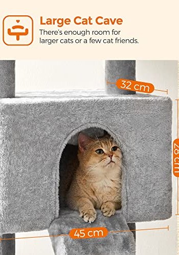 FEANDREA kradsetr, 6 niveauer, 2 platforme, 1 kurv, 1 hule, 2 pomponer - lysegr plys